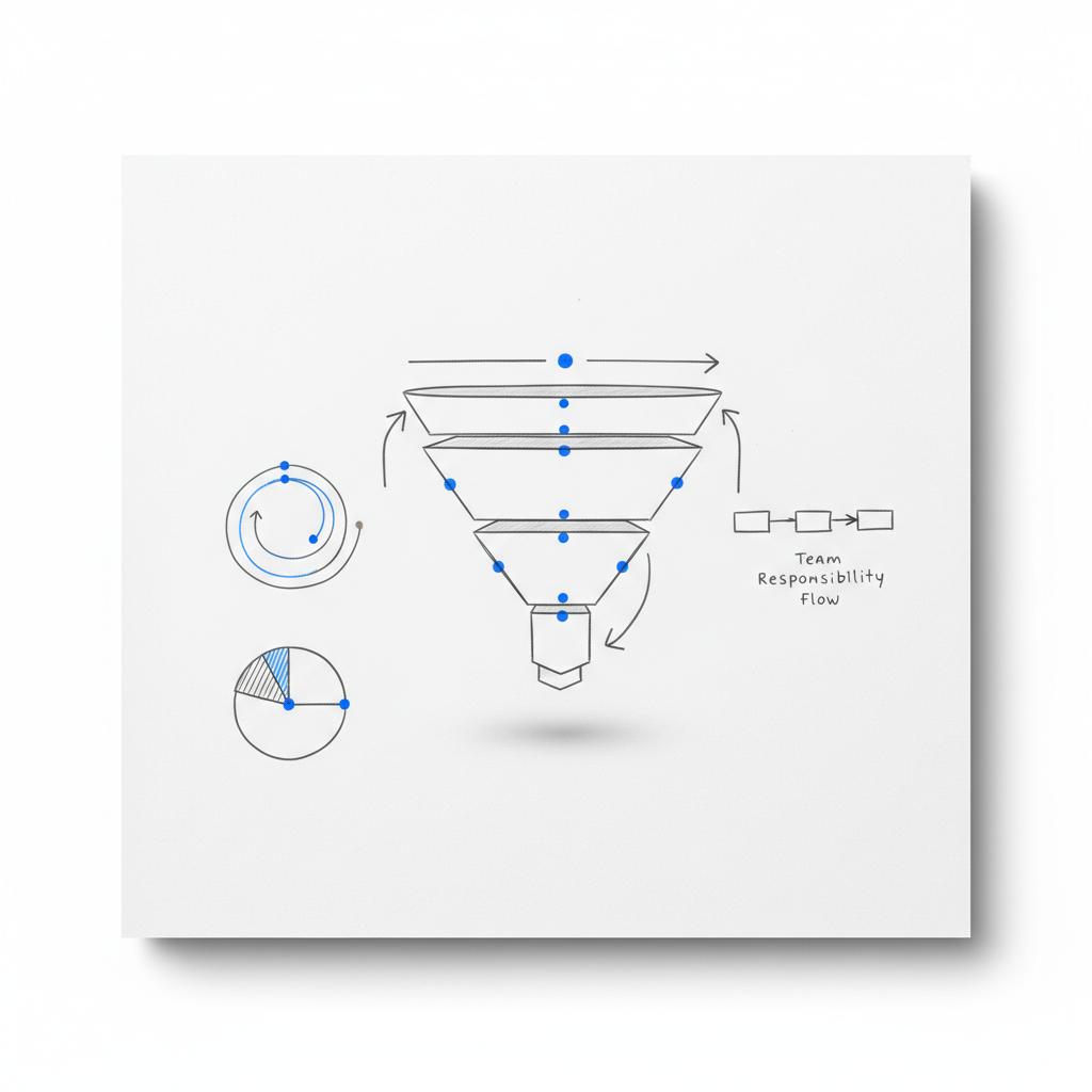 Close-up notebook sketch of a four-stage funnel representing Angi leads process, hand-drawn arrows and supporting diagrams with #1a5bfb highlights on a white background.