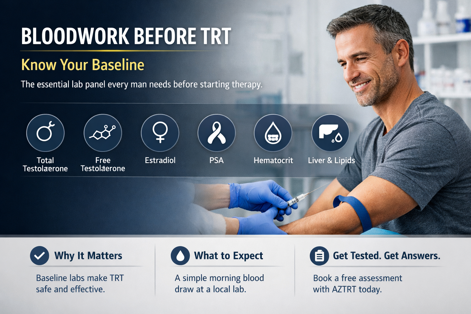 What Bloodwork Do You Need Before Starting TRT? — AZTRT Arizona TRT clinic blog cover showing a healthy man having a blood draw in a modern lab with a pre-TRT lab panel infographic