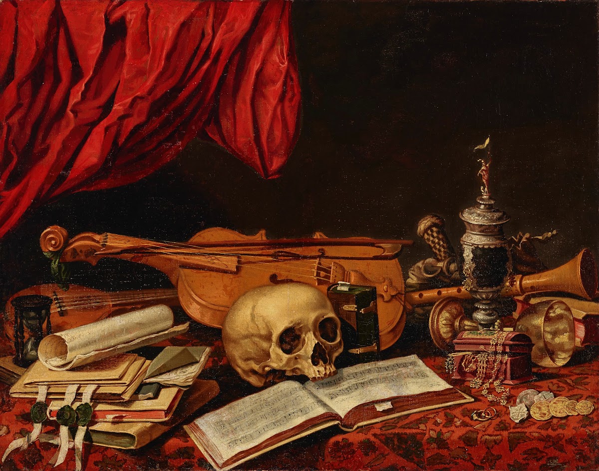 Musical instruments books an hourglass a ewer and a skull on a table  a vanitas