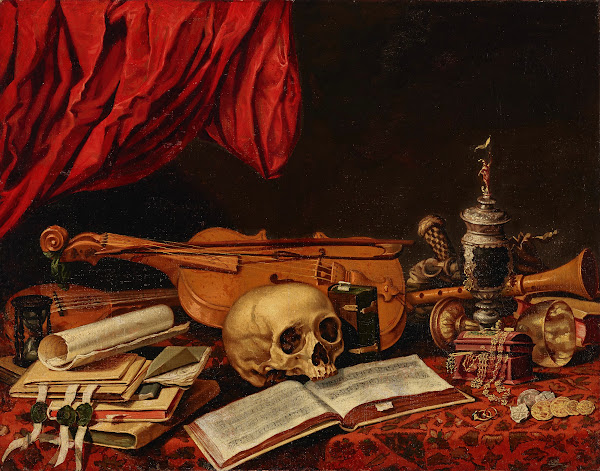 Musical instruments books an hourglass a ewer and a skull on a table  a vanitas
