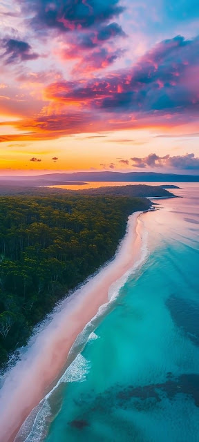 Aerial Sunset View of Pristine Beach and Turquoise Ocean - Free mobile Wallpaper