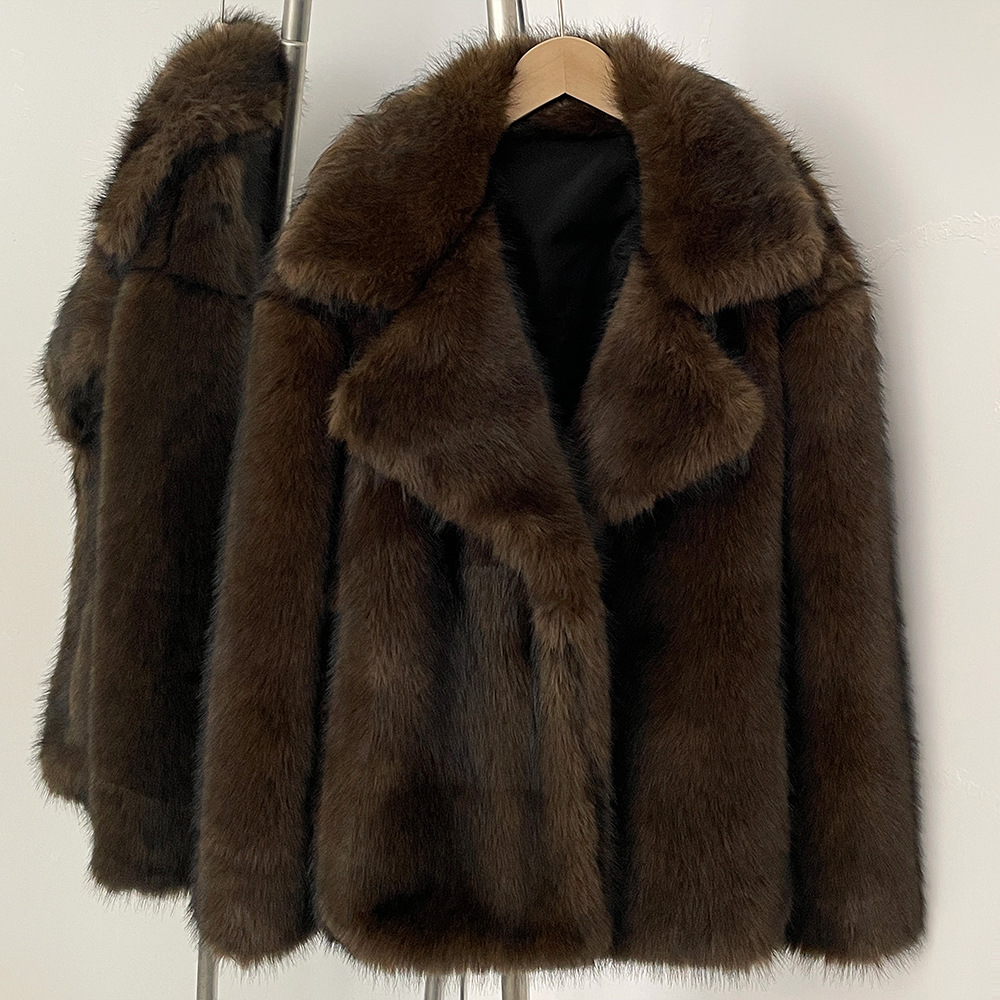 Women's faux fur coat with shawl collar, mid-length