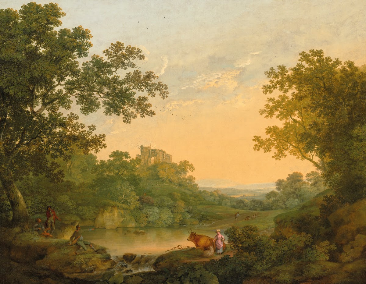 A wooded landscape with fishermen and shepherds by a pond a ruined castle beyond