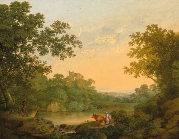 A wooded landscape with fishermen and shepherds by a pond a ruined castle beyond