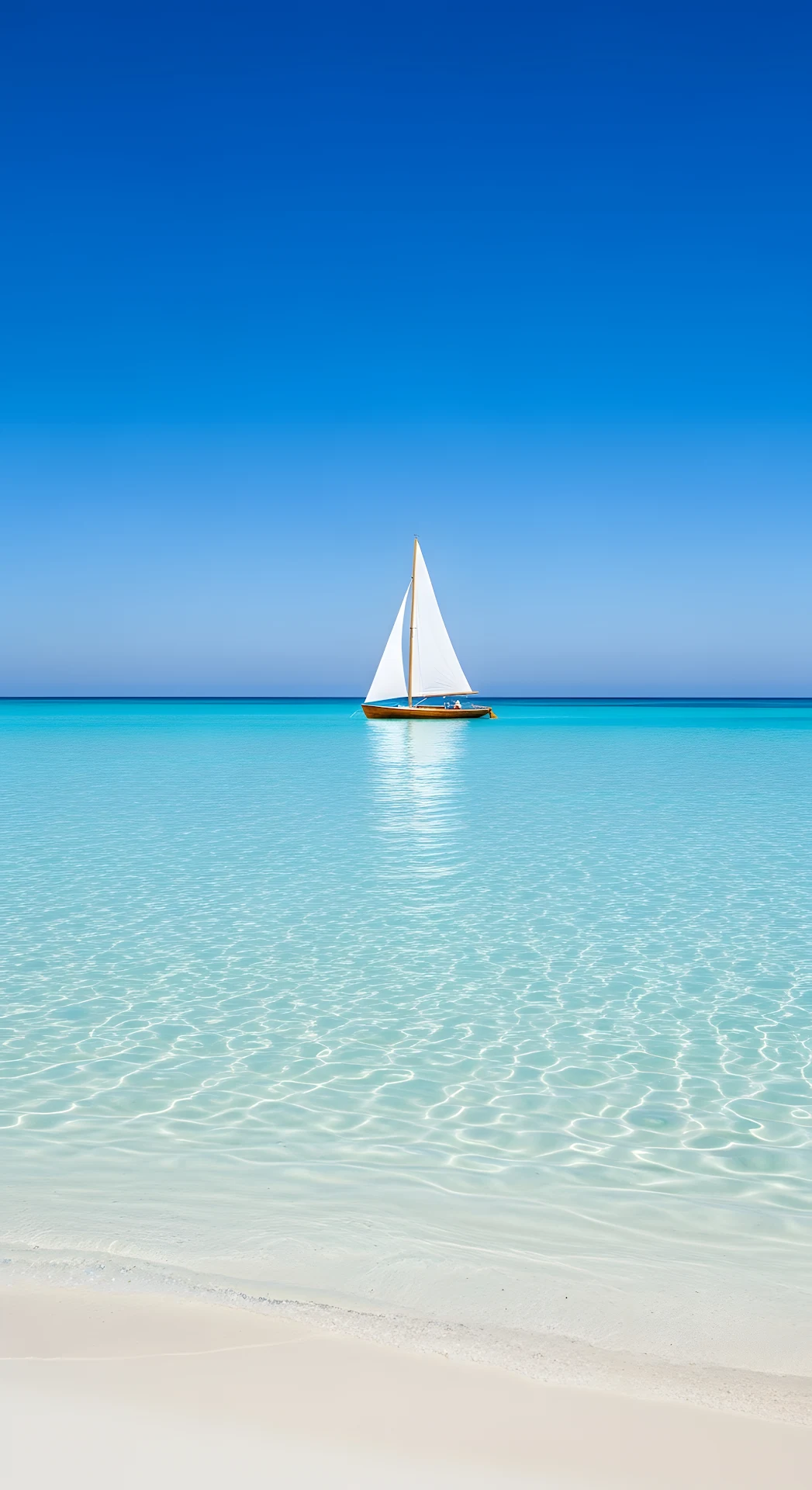 Ultra-Minimalist Vertical Image of a Small Sailboat Floating on Crystal Clear Turquoise Water Next to a White Sandbar - Free 4K mobile Wallpaper