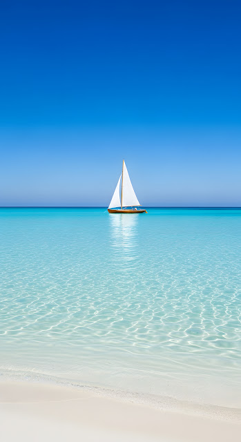 Ultra-Minimalist Vertical Image of a Small Sailboat Floating on Crystal Clear Turquoise Water Next to a White Sandbar - Free mobile Wallpaper