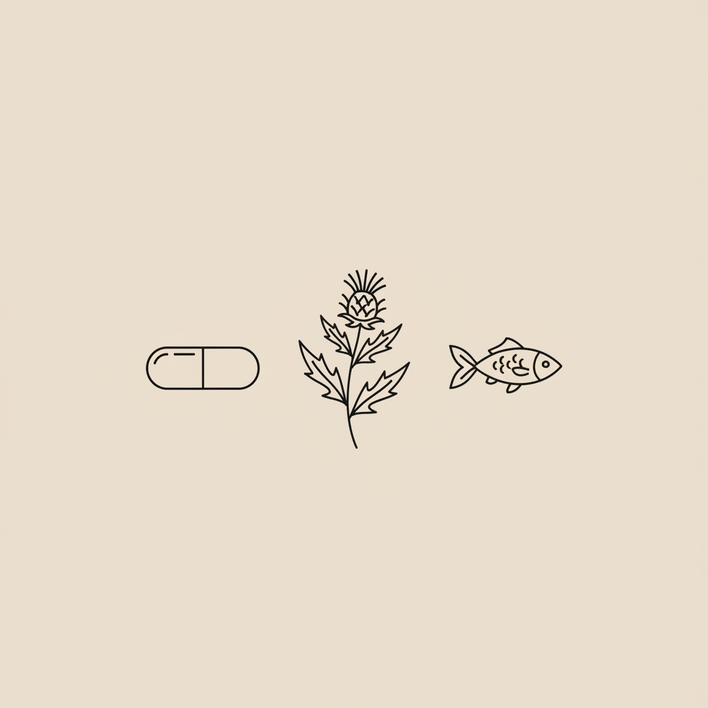 Which supplements should I use for fat loss? Minimalist 2D vector line art of a capsule, milk thistle sprig and small fish in an arc on beige #F2E5D5