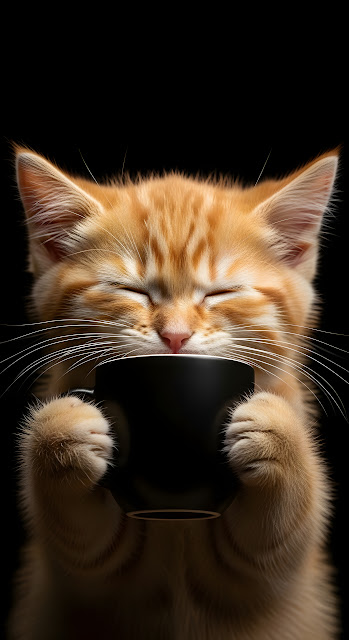 Adorable Orange Kitten Sipping Black Coffee Mug - Free mobile Wallpaper