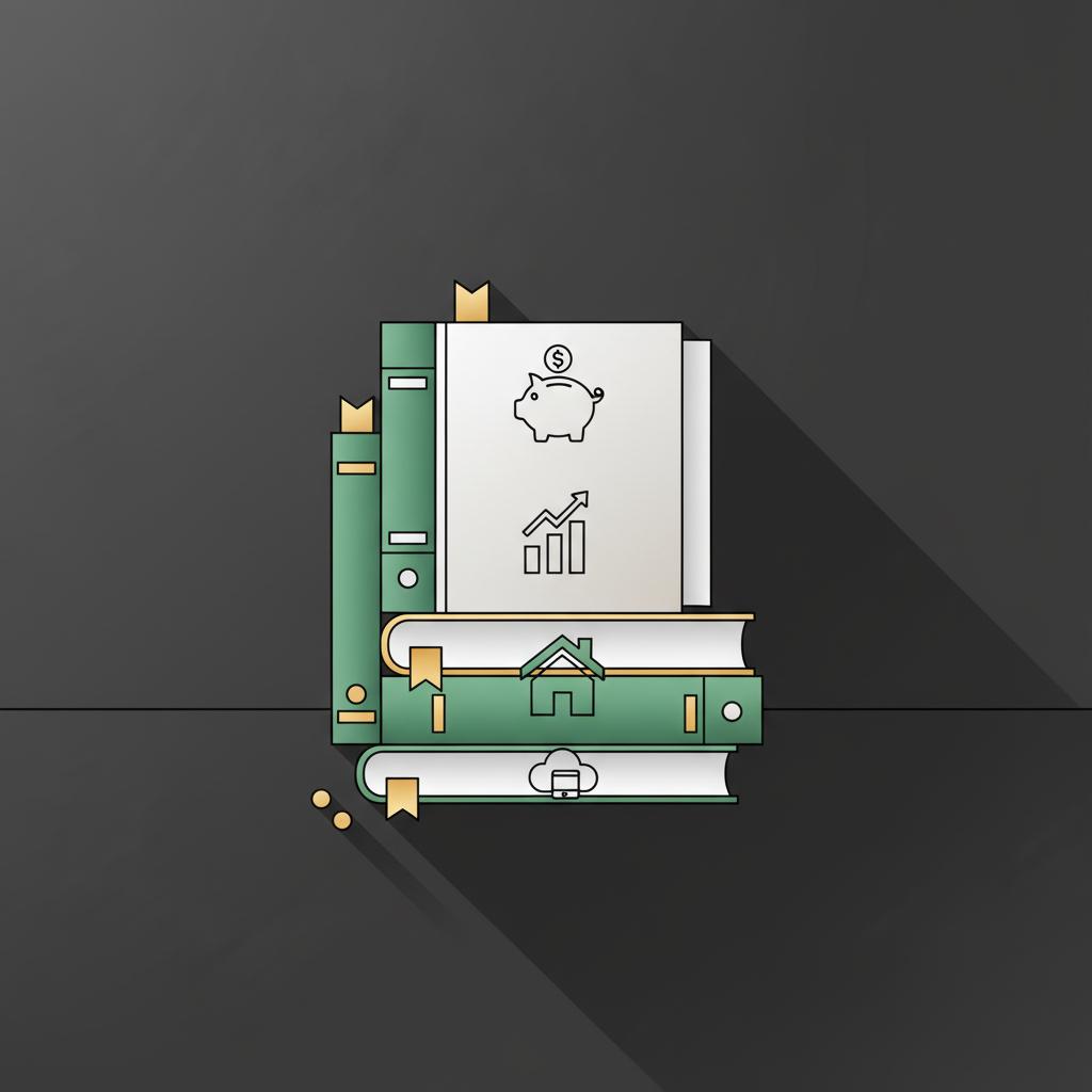 Minimalist 2D vector of four stacked books with icons for savings investing real estate and digital products on dark background evoking passive income