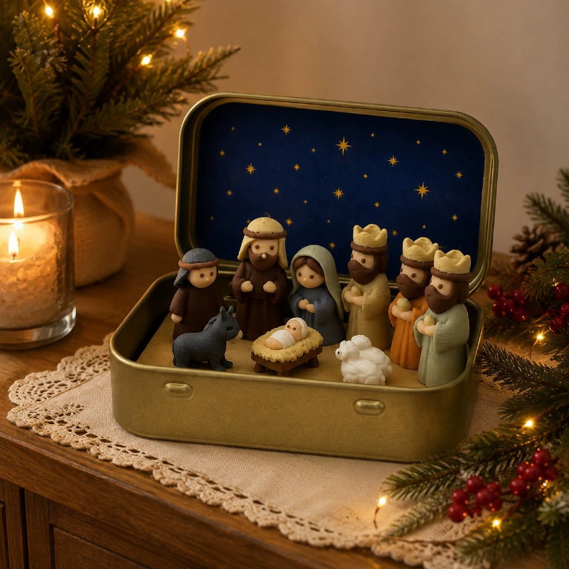 Miniature Nativity Set in the Metal Tin