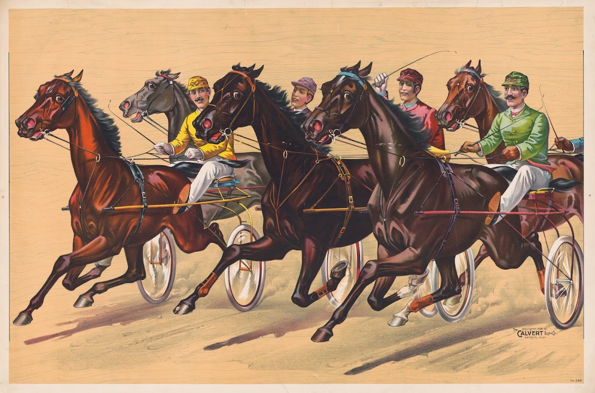 Harness race depicting five horses 1898