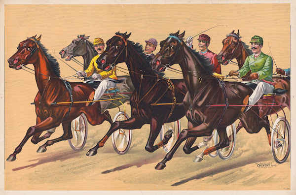 Harness race depicting five horses 1898
