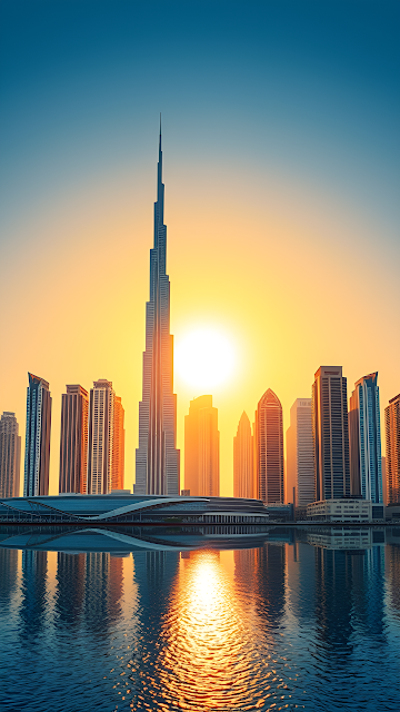 Burj Khalifa Sunset Reflection over Dubai Waterway Skyline - Free mobile Wallpaper