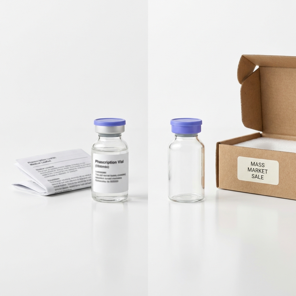 Side by side clean photo of a labeled prescription vial with medical leaflet and an unlabeled online peptides vial and simple box on white Peptide World background highlighting regulatory difference