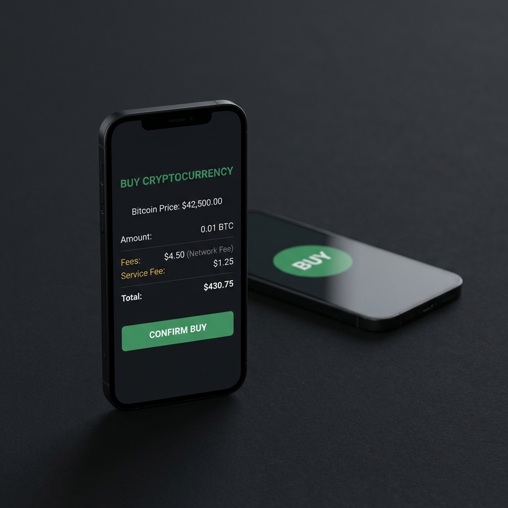 Close up of two smartphones showing an order form with visible fee fields on the foreground phone and a simple buy button on the blurred second phone clean Finance Police styling best place to buy cryptocurrency