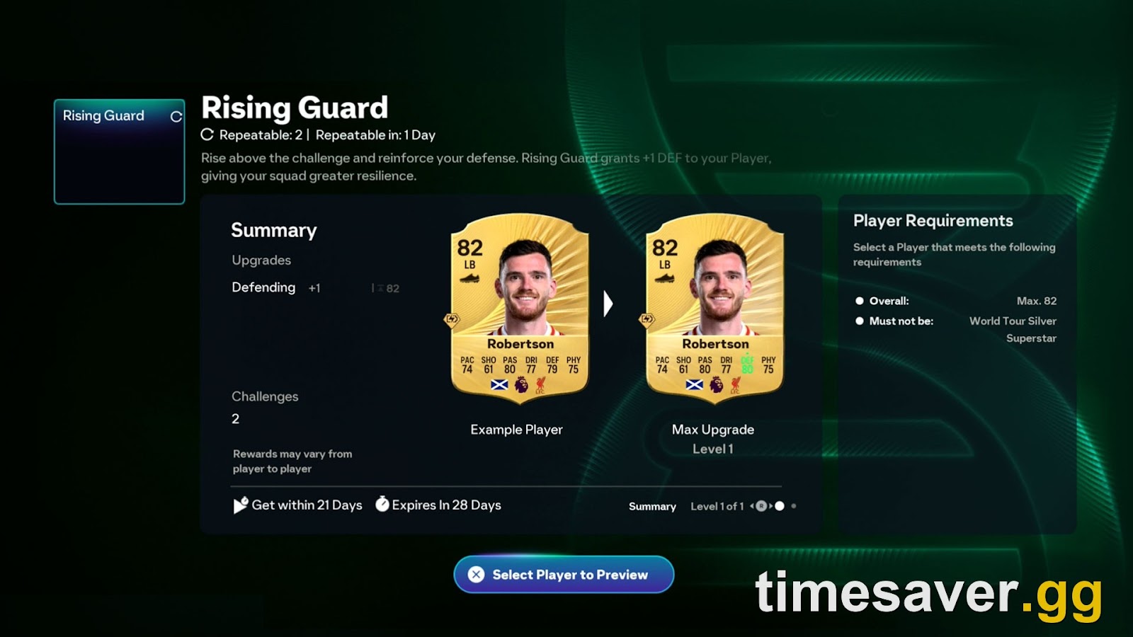 EA FC 26 Ultimate Team Evolutions screen — a Rising Guard Evo showing an 82-rated Robertson upgrade path, requirements and repeatable challenges, exactly the kind of permanent boost your coins should fund first