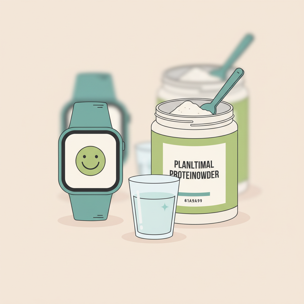 Nahe Trainingsuhr mit Smiley-Display, daneben Glas Wasser und offene Dose pflanzliches Proteinpulver auf hellem Hintergrund – effektivstes ausdauertraining