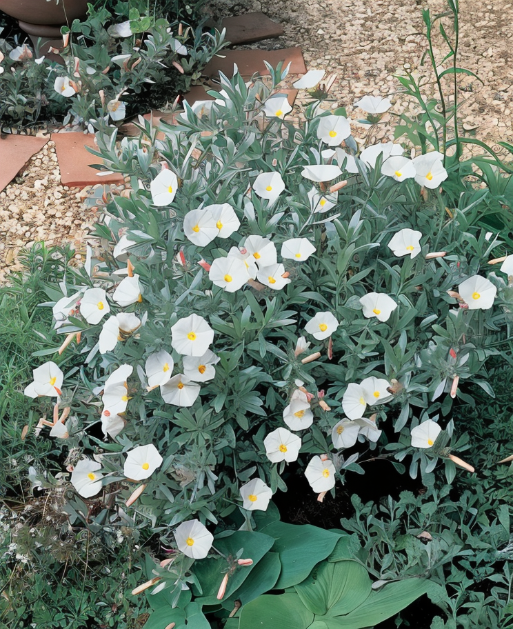 Convolvulus cneorum in fioritura, foglie argentee e fiori bianchi