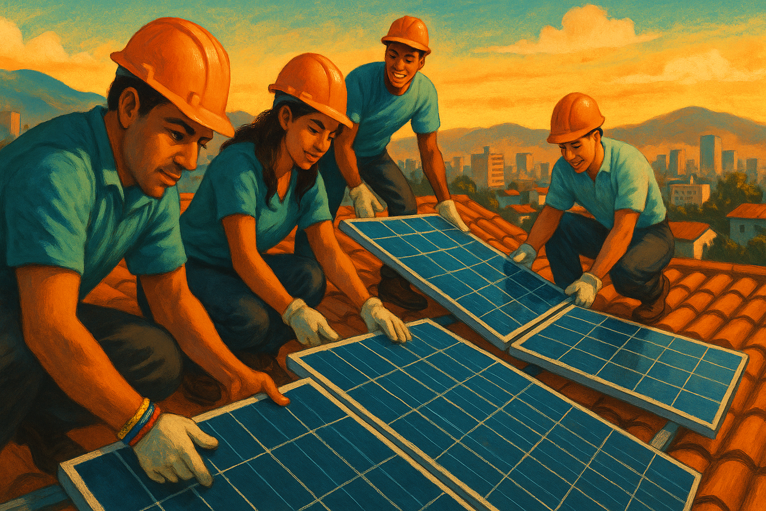 Venezolanos instalando paneles solares en un tejado al atardecer