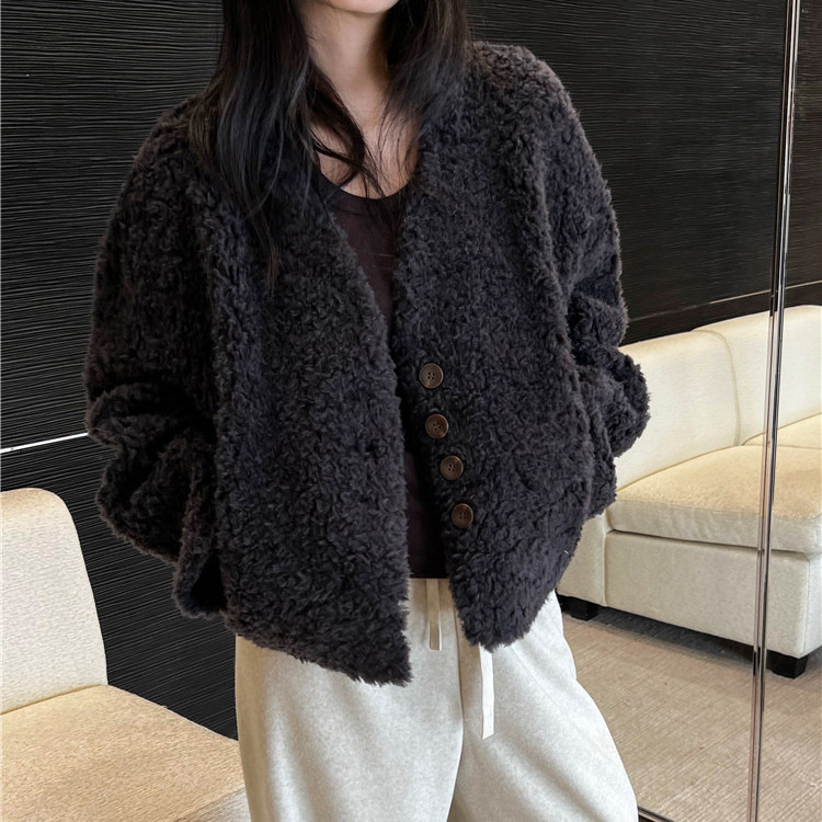 Ladies Short Coat, Lambswool Look, V-Neck
