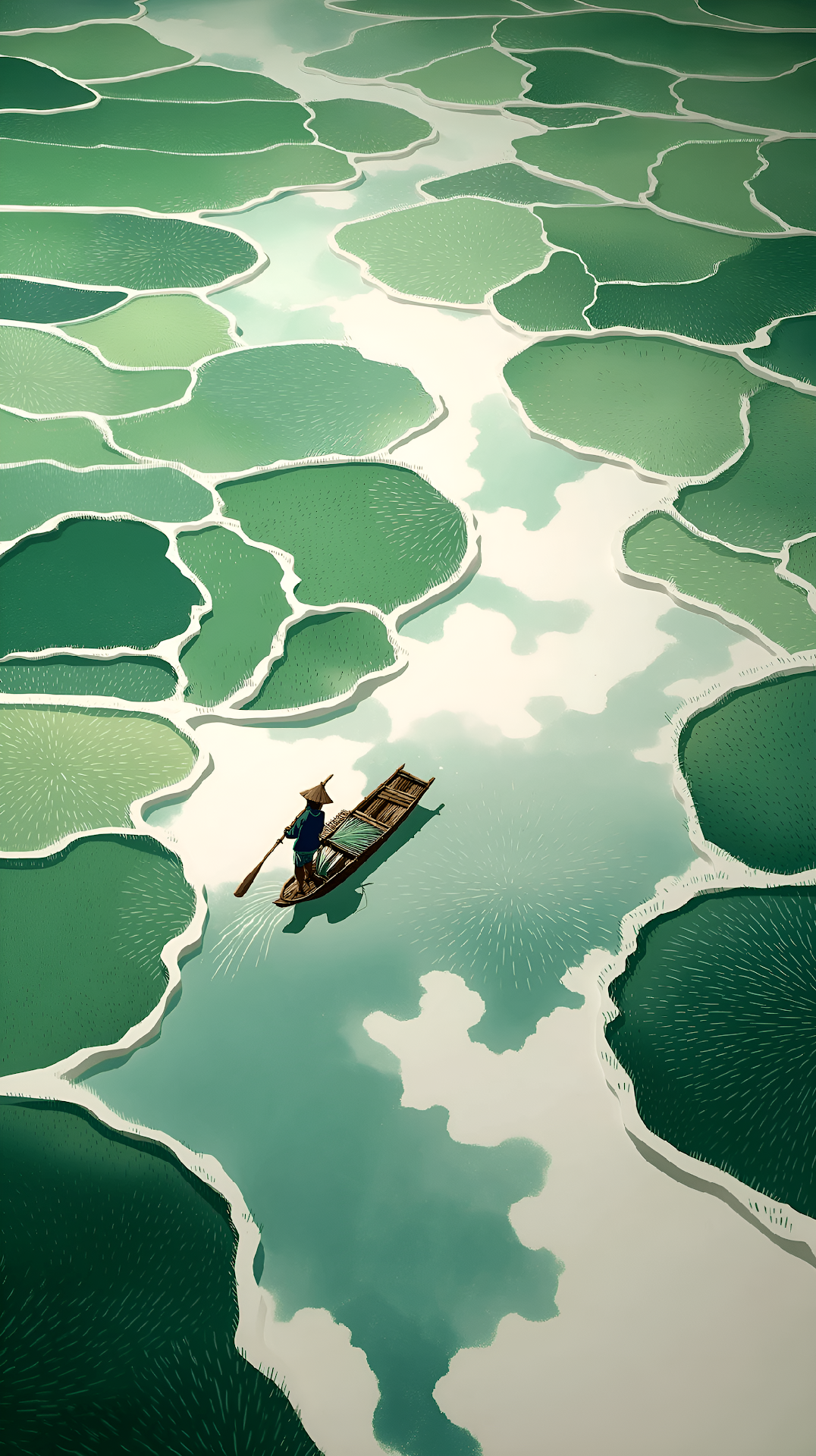 Aerial Green Terraces Boat Minimalist Asian Landscape Art - Free 4K mobile Wallpaper