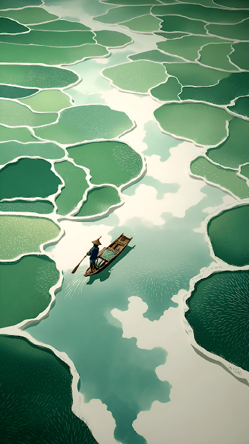 Aerial Green Terraces Boat Minimalist Asian Landscape Art - Free mobile Wallpaper