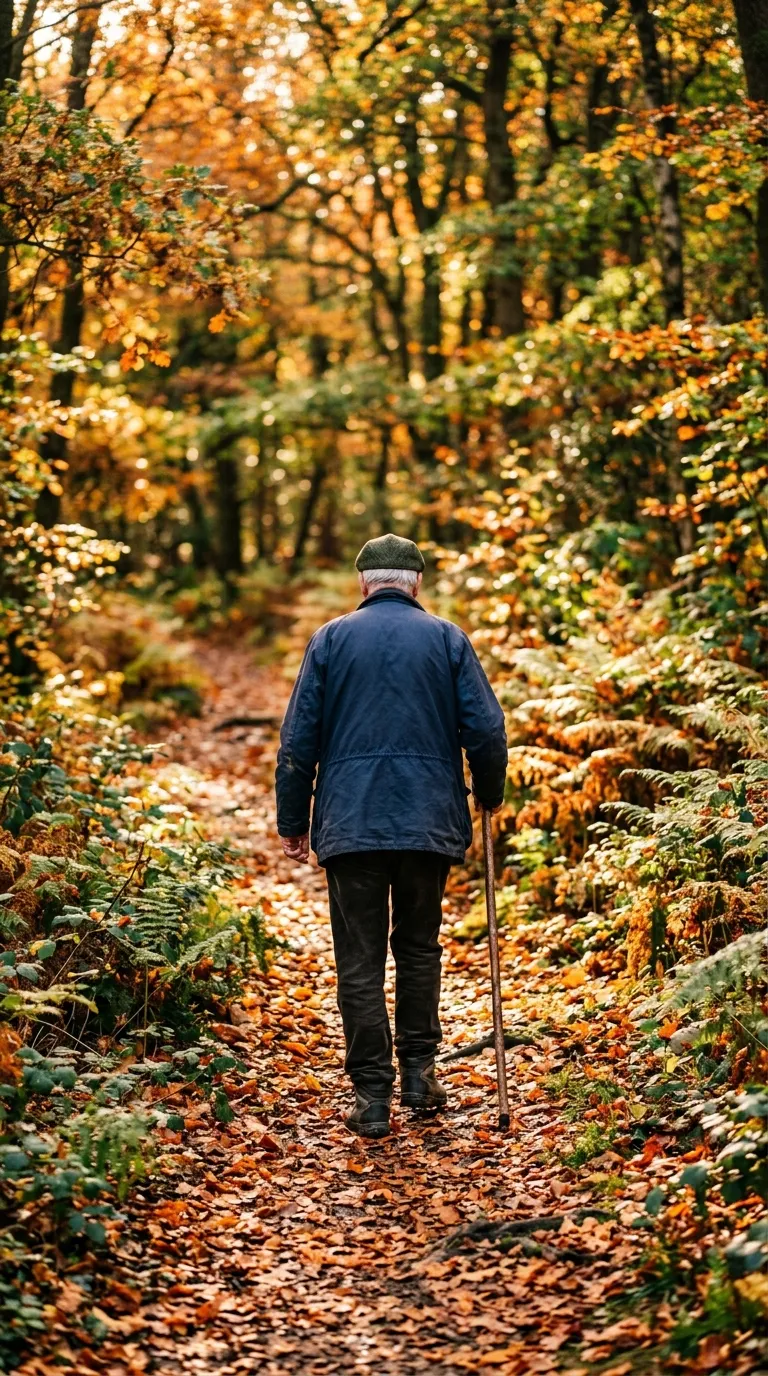 Senior Man with Walking Stick on an Autumn Forest Trail - Free 4K mobile Wallpaper