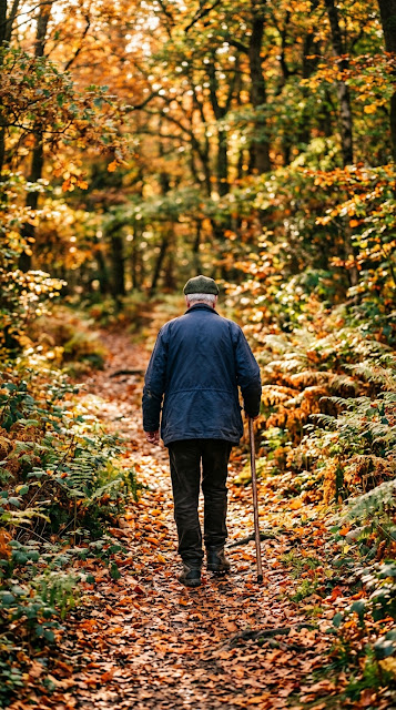 Senior Man with Walking Stick on an Autumn Forest Trail - Free mobile Wallpaper