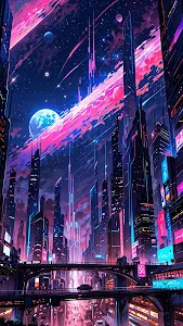 Neon Cyberpunk Metropolis Night with Pink Celestial Sky