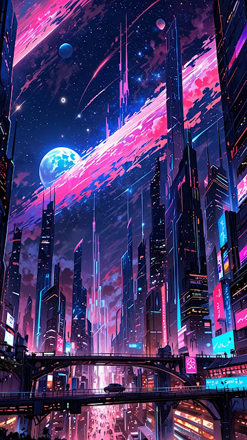 Neon Cyberpunk Metropolis Night with Pink Celestial Sky - Free mobile Wallpaper