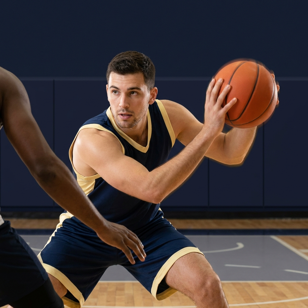 Close up of a generic basketball guard handling the ball at the top of the key with a defender in frame minimalist Funded Plays style anthony edwards prop