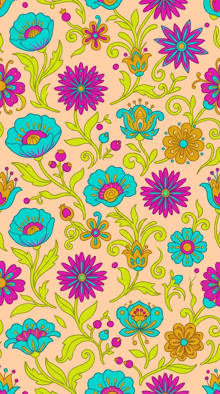 Modern Whimsical Floral Pattern with Turquoise and Magenta on Peach - Free 4K mobile Wallpaper