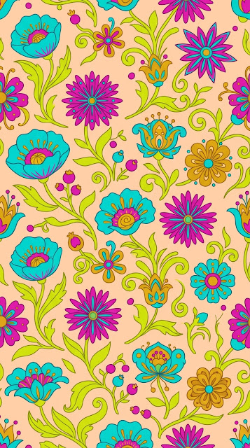 Modern Whimsical Floral Pattern with Turquoise and Magenta on Peach - Free mobile Wallpaper