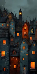 Moody Cartoon Townscape with Glowing Windows at Night
