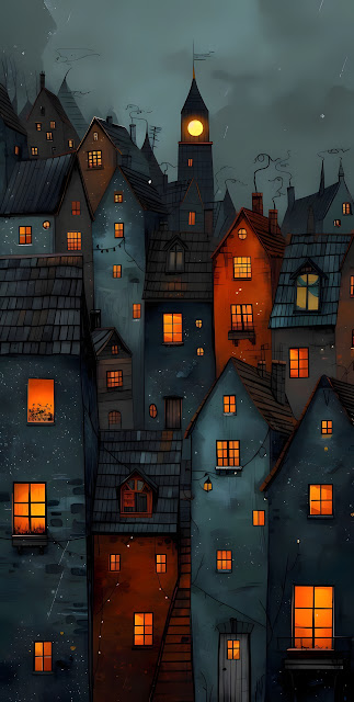 Moody Cartoon Townscape with Glowing Windows at Night - Free mobile Wallpaper
