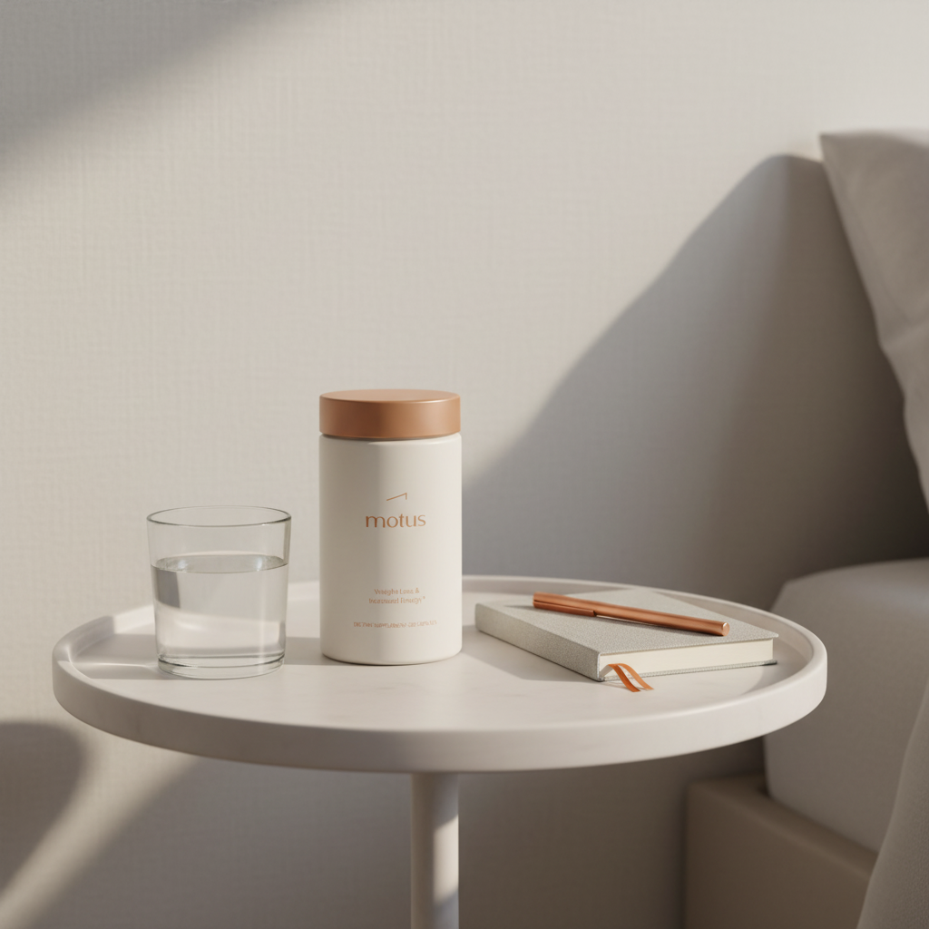 Motus supplement jar on bedside table with water and notebook in soft morning light, minimalist wellness scene focused on daily oral supplement habit; can you fix a bad metabolism