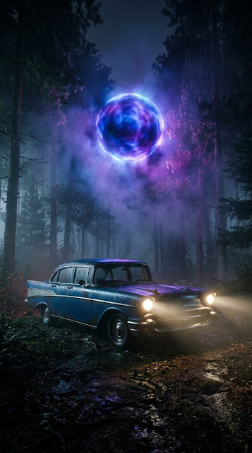 Vintage Car in Foggy Forest with Glowing Celestial Orb - Free mobile Wallpaper