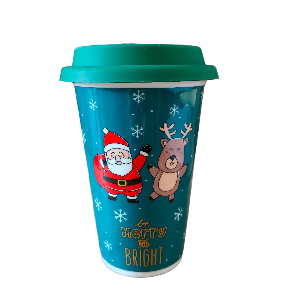 Taza navideña de cerámica con tapa PK Home™ Santa y reno