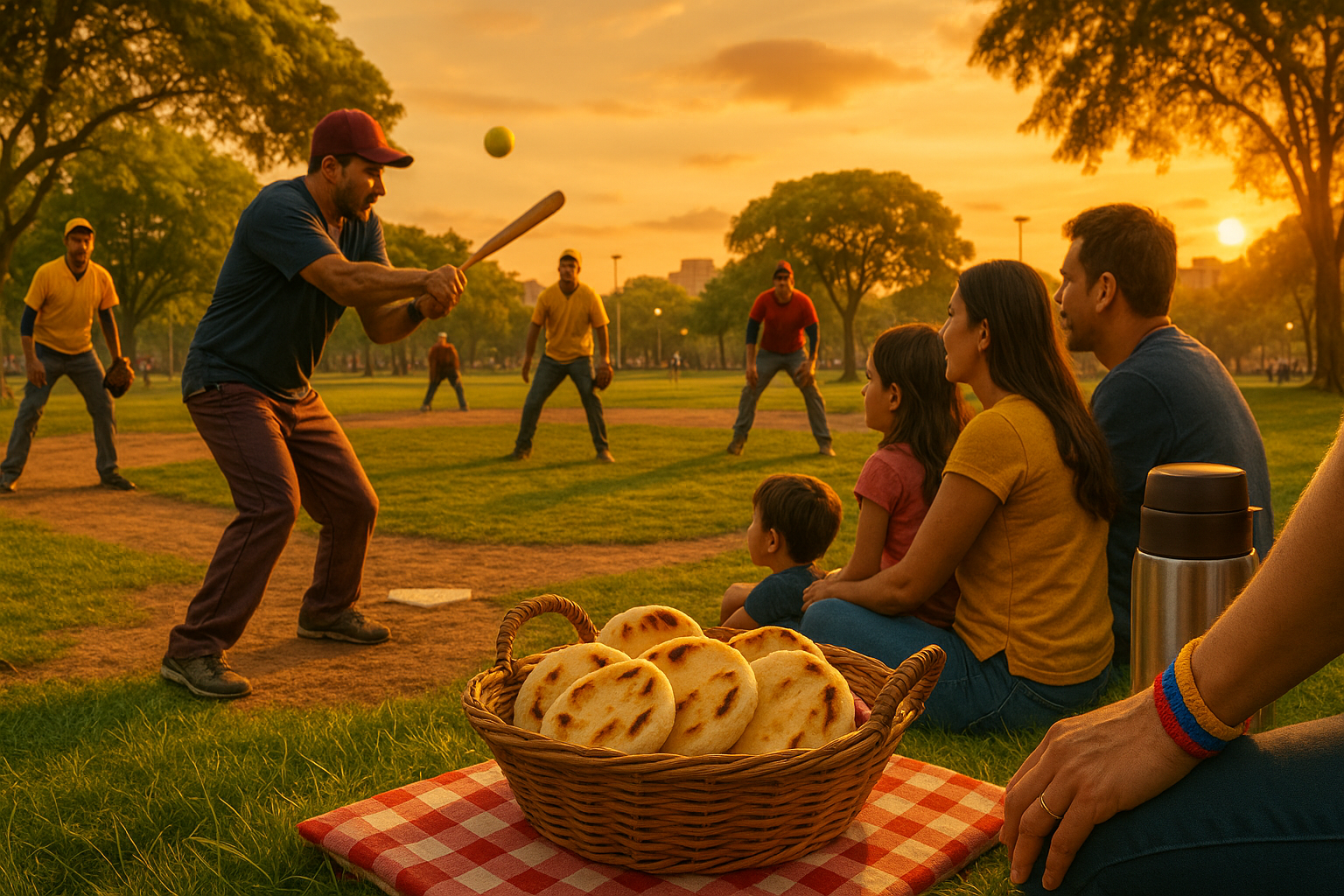 Venezolanos jugando softbol en un parque urbano al atardecer