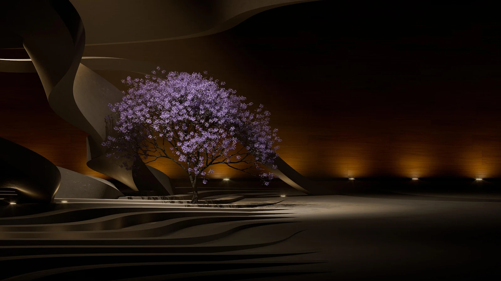 Glowing Purple Tree in Minimalist Space - 3D Architectural Rendering 4K Wallpaper (3840x2160)