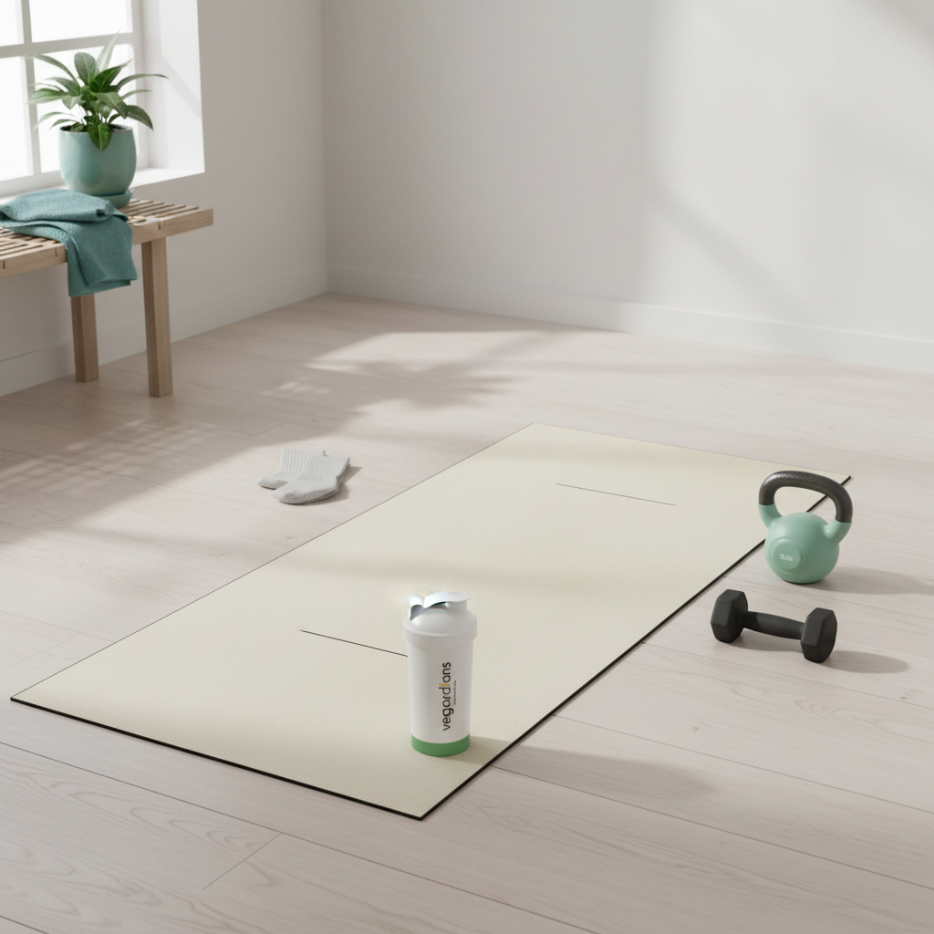 Minimalistische Heim‑Gym‑Szene mit Matte, Kurzhanteln, Kettlebell, Sportsocken und Proteinshaker (Produkt aus Referenzfotos) – Welche Übungen soll ich im Fitnessstudio machen