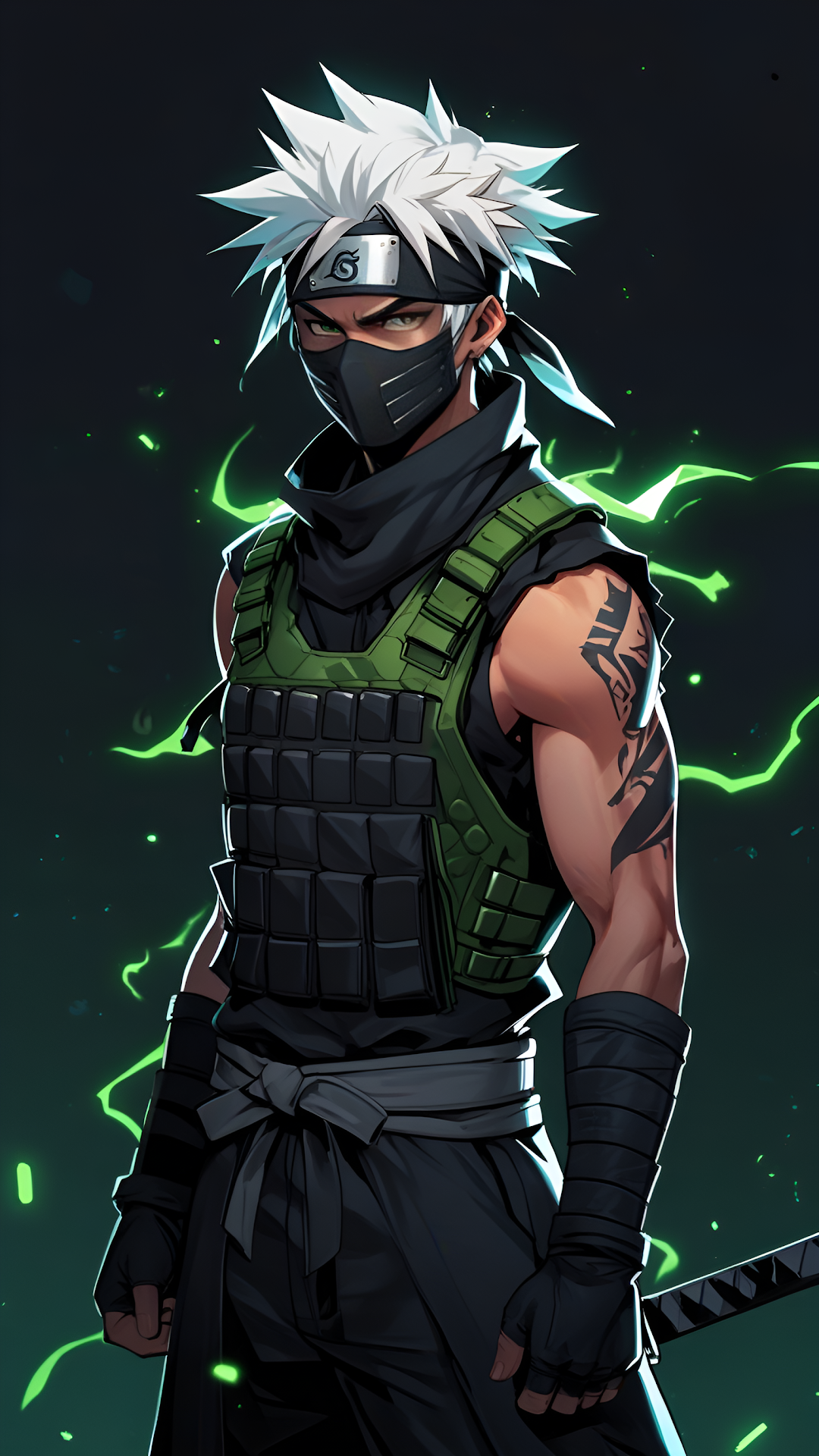 Ninja warrior with spiky white hair and green chakra aura - Free 4K mobile Wallpaper