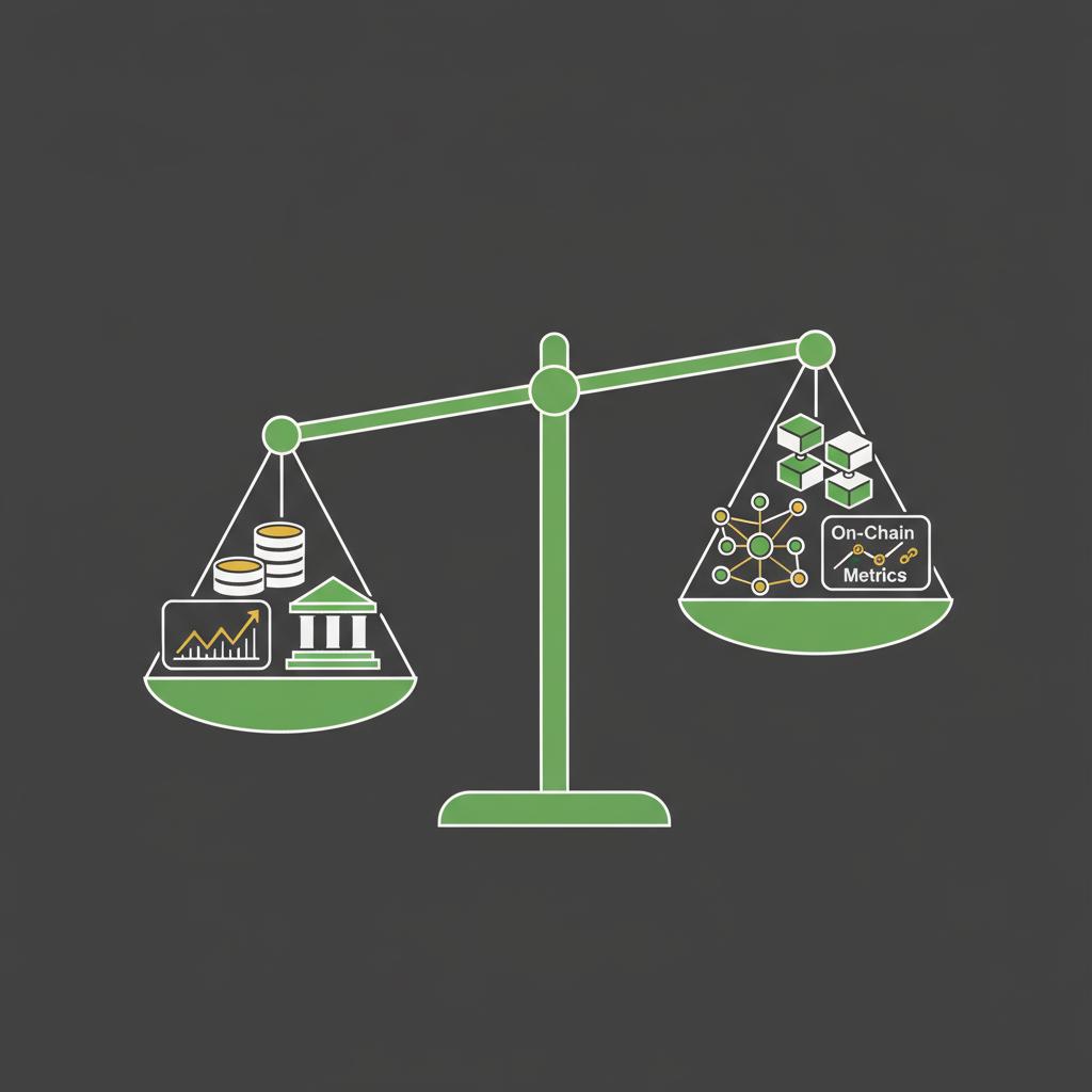 Minimalist vector balanced scale with macro liquidity icons on left and on chain metrics icons on right representing best coins to invest in