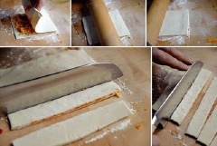 Tiếp theo, dùng 1 chiếc vỏ bánh khác đậy lên rồi dùng chày cán mỏng chiếc bánh, ép 2 lớp dính chặt với nhau. Sau đó dùng dao cắt thành từng miếng chữ nhật đều nhau.