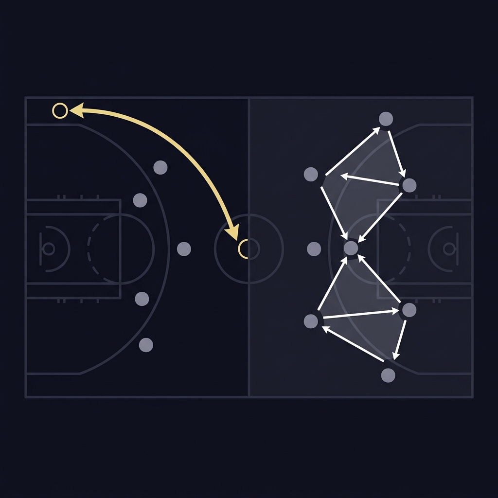 Minimalist 2D vector split basketball court diagram showing left drive path and right defensive trap schematic in Funded Plays brand colors donovan mitchell player props