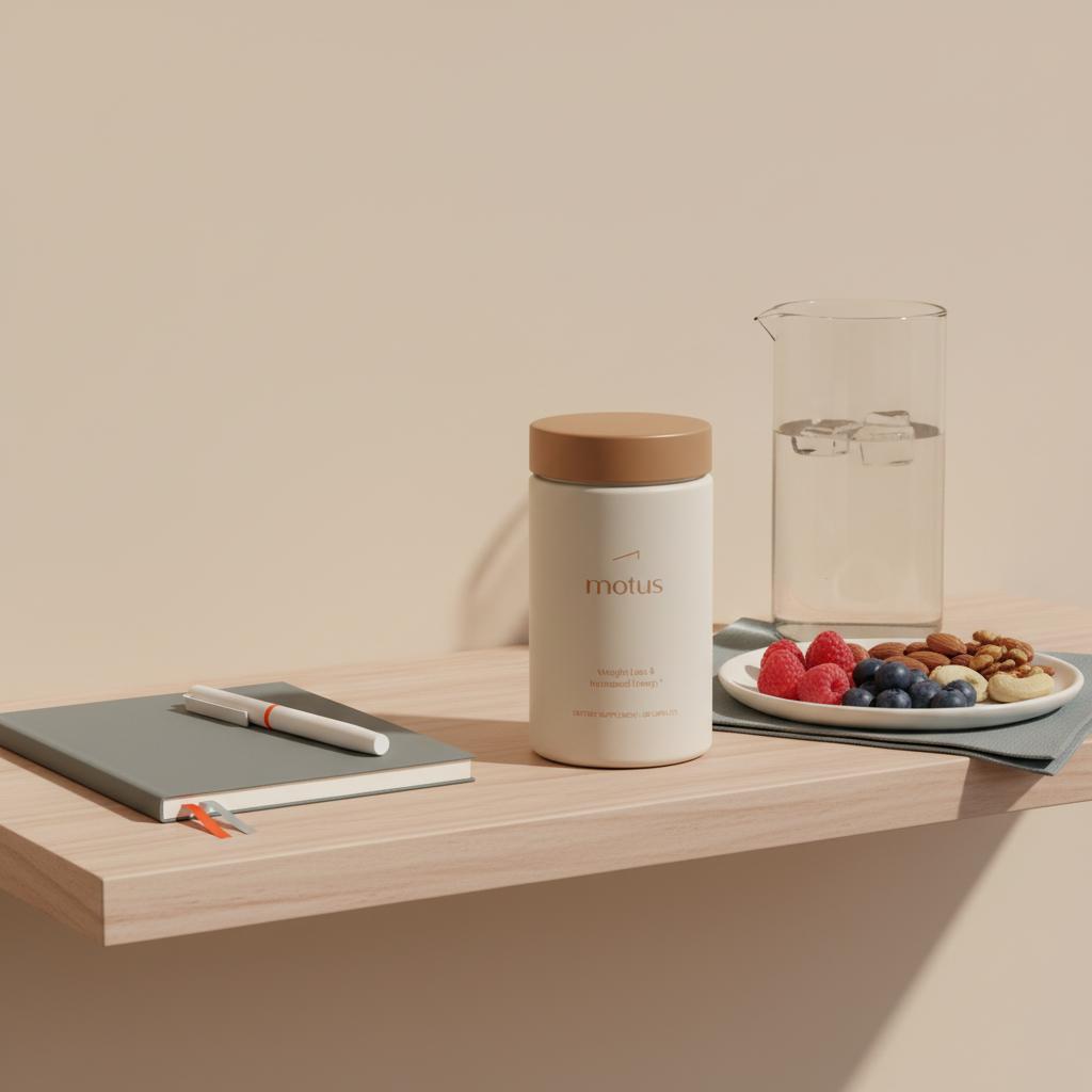 Motus supplement container on a wooden shelf with notebook, pen, plate of berries and nuts and a glass carafe — non-prescription weight loss pills