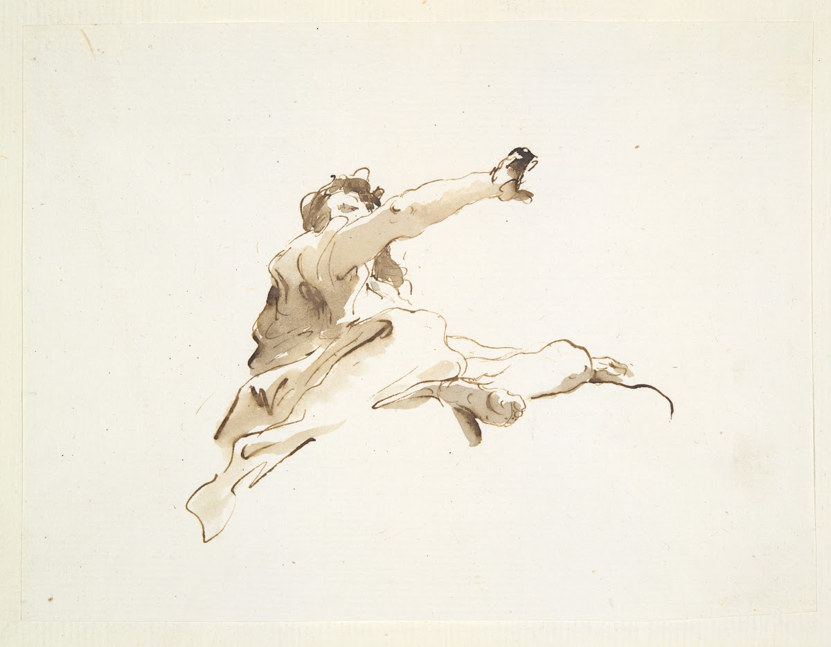 Seated figure with head turned to the left and right arm raised seen frombelow c