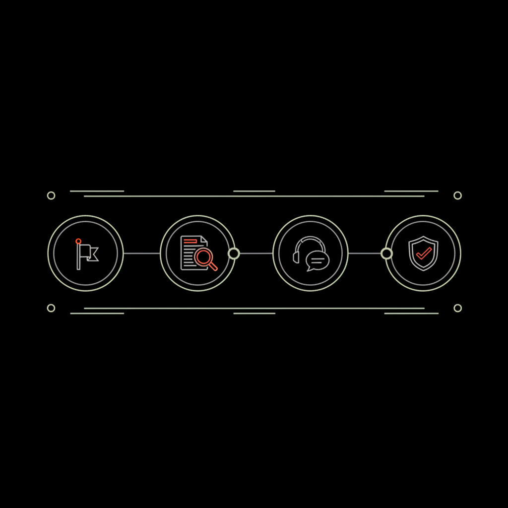 Minimal 2D vector timeline infographic showing four icon steps to get rid of old reviews on Google: report, evidence, support, and outcome on a black background.
