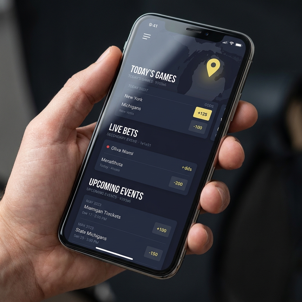 Close up smartphone showing generic betting app with geolocation pin and Michigan map background minimalist Funded Plays colors dark navy and soft yellow accents mi sports betting