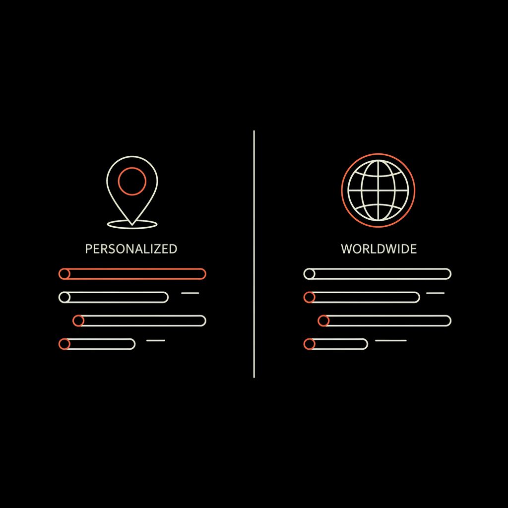 Minimal split-vector infographic: left city pin with tailored short list and right globe with broader list on black background — Twitter trends not showing